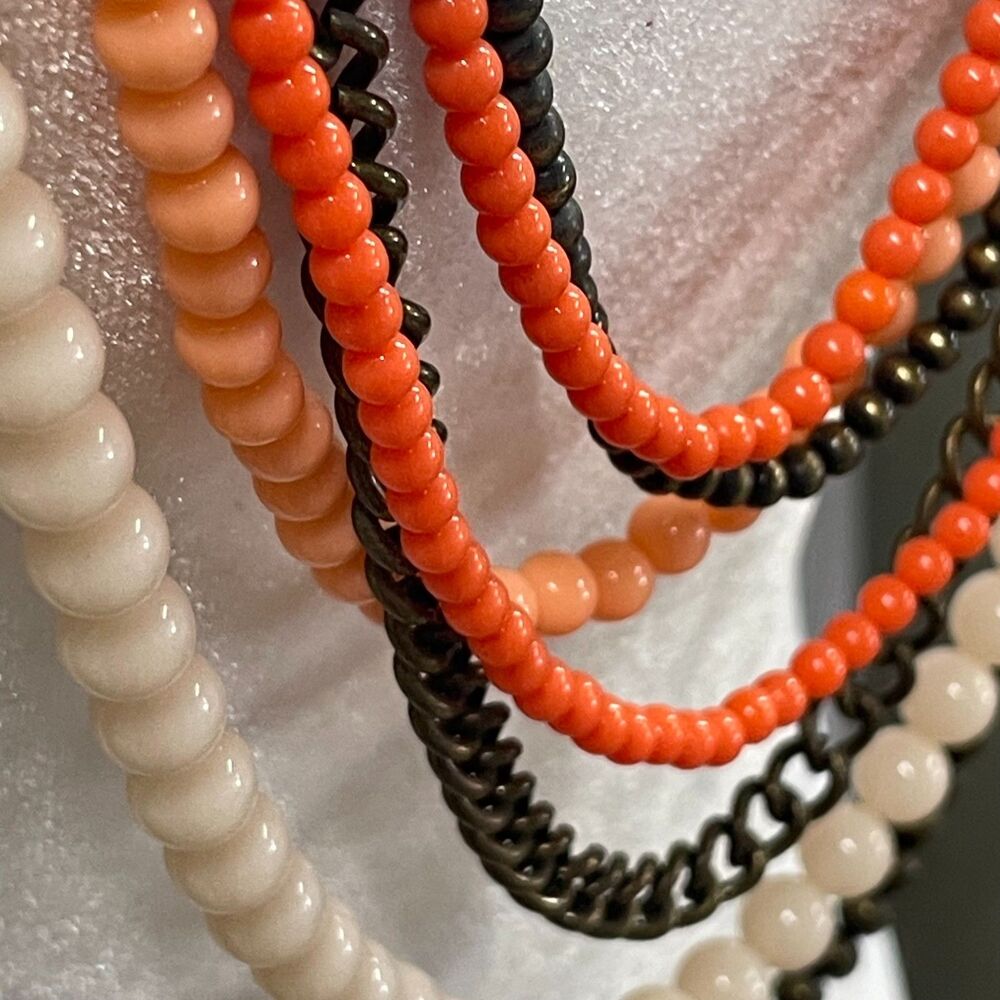 Multi Strand Beaded Necklace Coral Peach Cream Bronze Tone Statement 19"